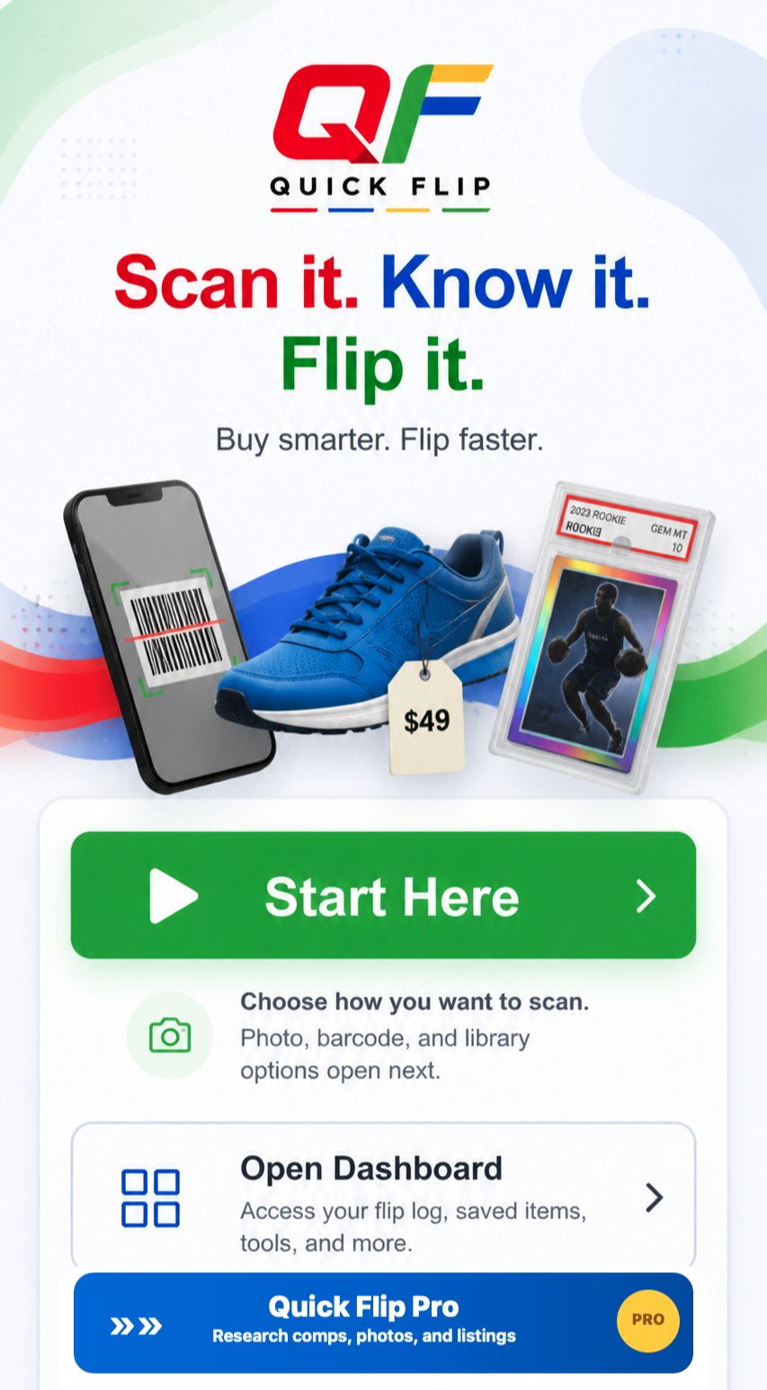 Quick Flip landing screen with resale scanner, shoe, price tag, trading card, and Pro option